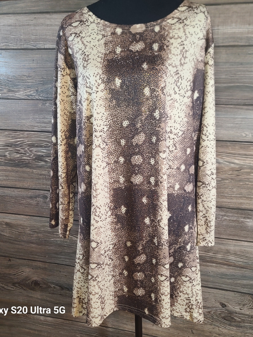 Neutral Brown & Cream Printed Midi Dress - Long Sleeve